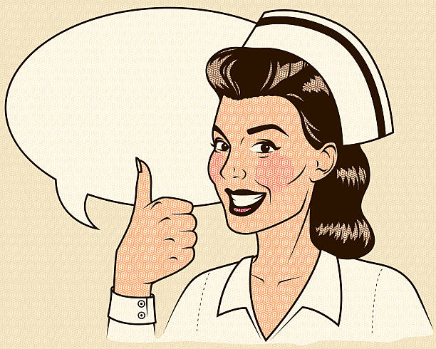 bildbanksillustrationer, clip art samt tecknat material och ikoner med retro nurse giving a thumb's up with speech bubble - smiling nurse
