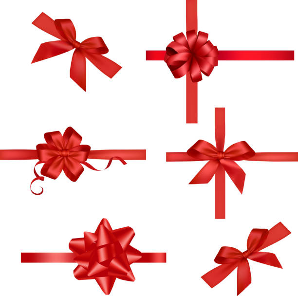 rote bänder set - bow christmas gift holiday stock-grafiken, -clipart, -cartoons und -symbole