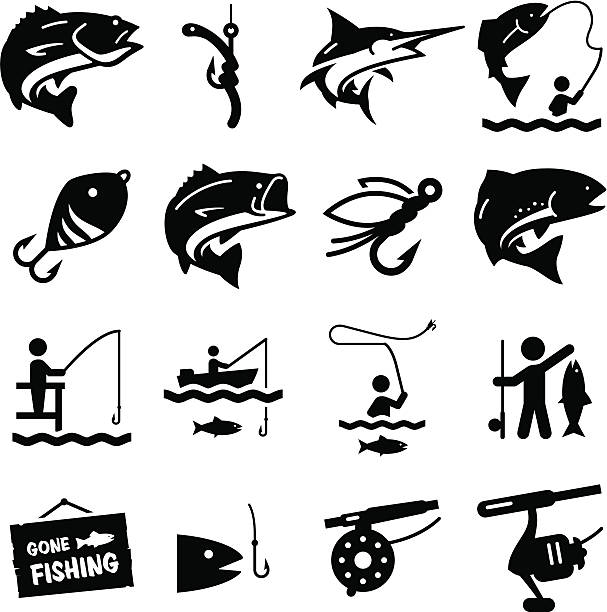 angeln-icons-schwarz-serie - fisch stock-grafiken, -clipart, -cartoons und -symbole