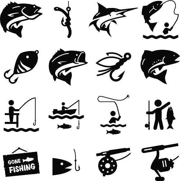 ilustrações de stock, clip art, desenhos animados e ícones de série de ícones-preto de pesca - carretel de pesca