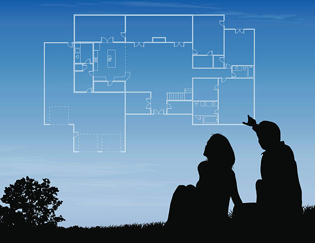 House Plans A couple imagines the layout of their dream house. Files included – jpg, ai (version 8 and CS3), and eps (version 8) blueprint silhouettes stock illustrations