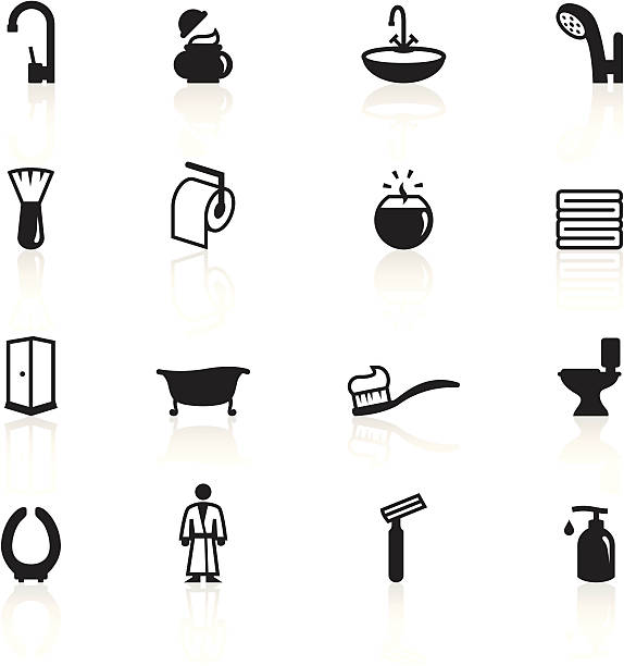 набор иконок, черный и белый ванная комната - shaving equipment wash bowl bathroom razor stock illustrations