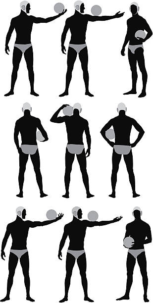 ilustraciones, imágenes clip art, dibujos animados e iconos de stock de múltiples imágenes de jugador de waterpolo con bola - shirtless silhouette water polo racing briefs