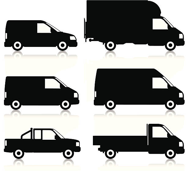 illustrazioni stock, clip art, cartoni animati e icone di tendenza di furgone commerciale silhouette - moving van truck delivery van van