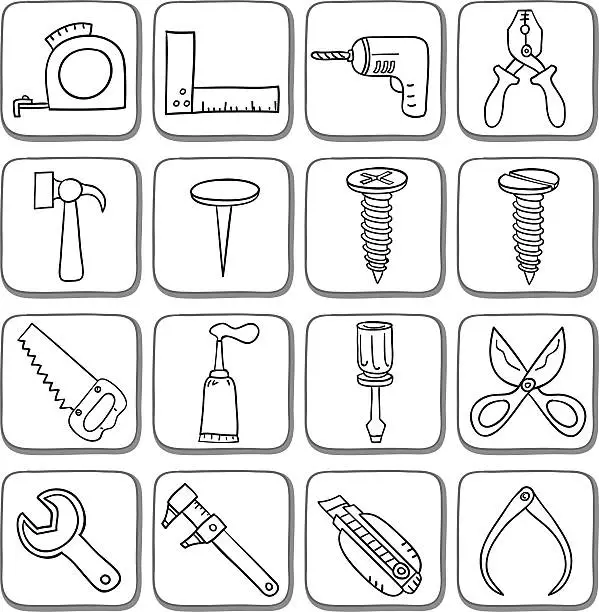Vector illustration of Doodle work took icon set in black and white