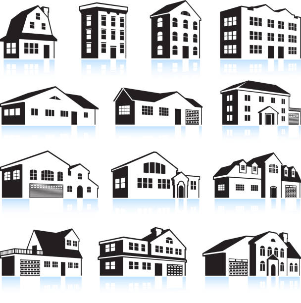 3D House and Apartment black & white vector icon set 3D House and Apartment black and white royalty free vector interface icon set. This editable vector file features black interface icons on white Background. The interface icons are organized in rows and can be used as app interface icons, online as internet web buttons, and in digital and print. penthouse icon stock illustrations