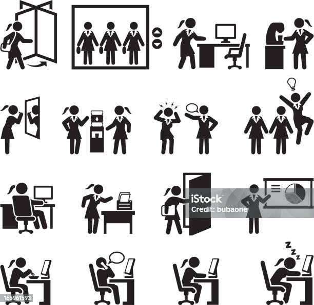 Ilustración de Empresaria De Oficina Diarias Trabajo Negro Y Blanco Vector Icono Conjunto y más Vectores Libres de Derechos de Ícono