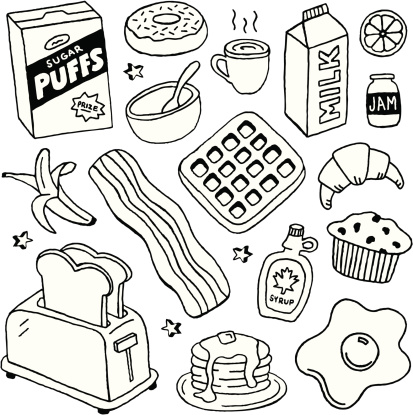 A doodle page of breakfast foods.