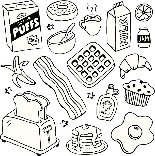 Breakfast Doodles A doodle page of breakfast foods. breakfast illustrations stock illustrations