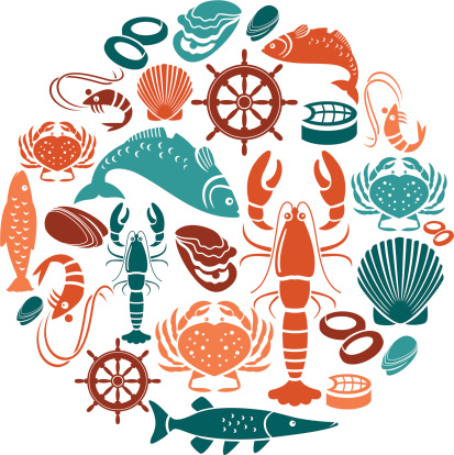 A set of seafood and fish themed icons. See below for a repeat pattern of this file.