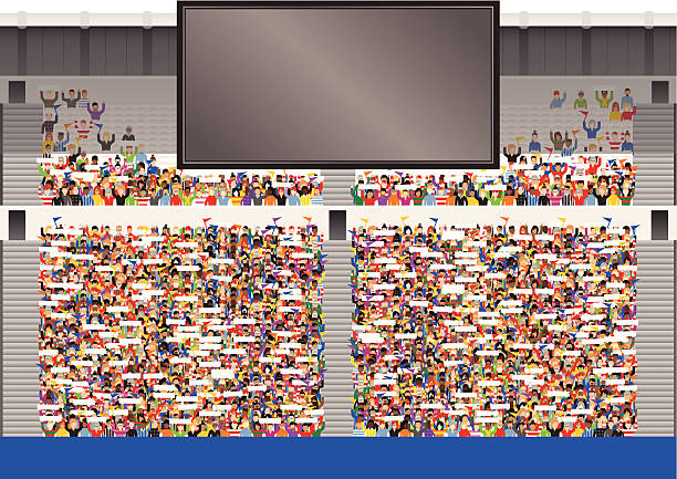 illustrazioni stock, clip art, cartoni animati e icone di tendenza di vasta folla in tribuna stadio - cheering fan people audience