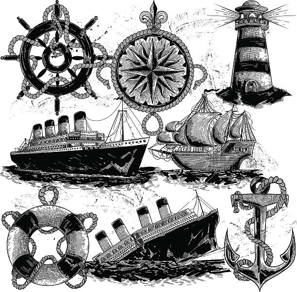 Nautical Elements Nautical Elements in classic style lighthouse drawings stock illustrations
