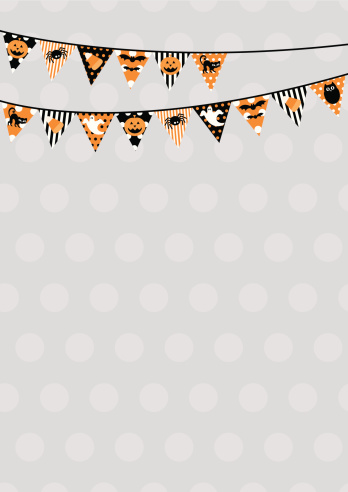 Halloween bunting with polka dots & stripes in orange, black & white. With Halloween icons - ghosts, corn candy, cat, spider, bat & owl. Design at top, leaving space for copy. Ideal for invite.