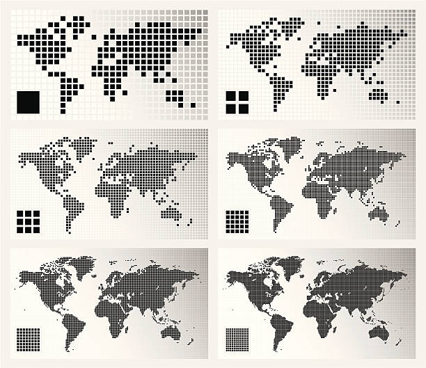 ilustraciones, imágenes clip art, dibujos animados e iconos de stock de salpicado mapas de mundo en diferentes resolución - map square shape usa global communications