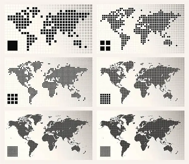Vector illustration of Dotted world maps in different resolutions