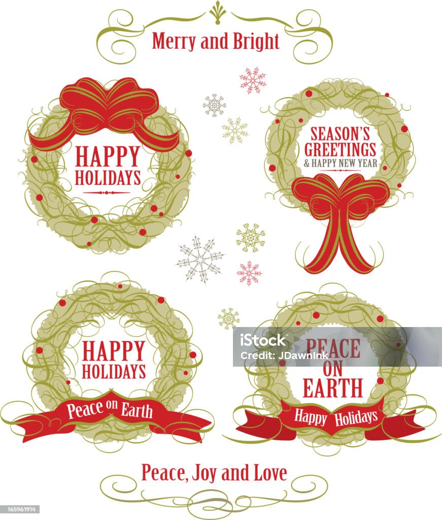 Set of Holiday wreaths with words on white background Vector illustration of a set of green and red wreaths on a white background. Wreath's feature the following wording: Merry and Bright, Happy Holidays, Season's Greetings and Happy New Year, Happy Holidays Peace on Earth, Peace on Earth Happy Holidays, Peace Joy and Love. Download includes Illustrator 8 eps, high resolution jpg and png file. Beauty stock vector