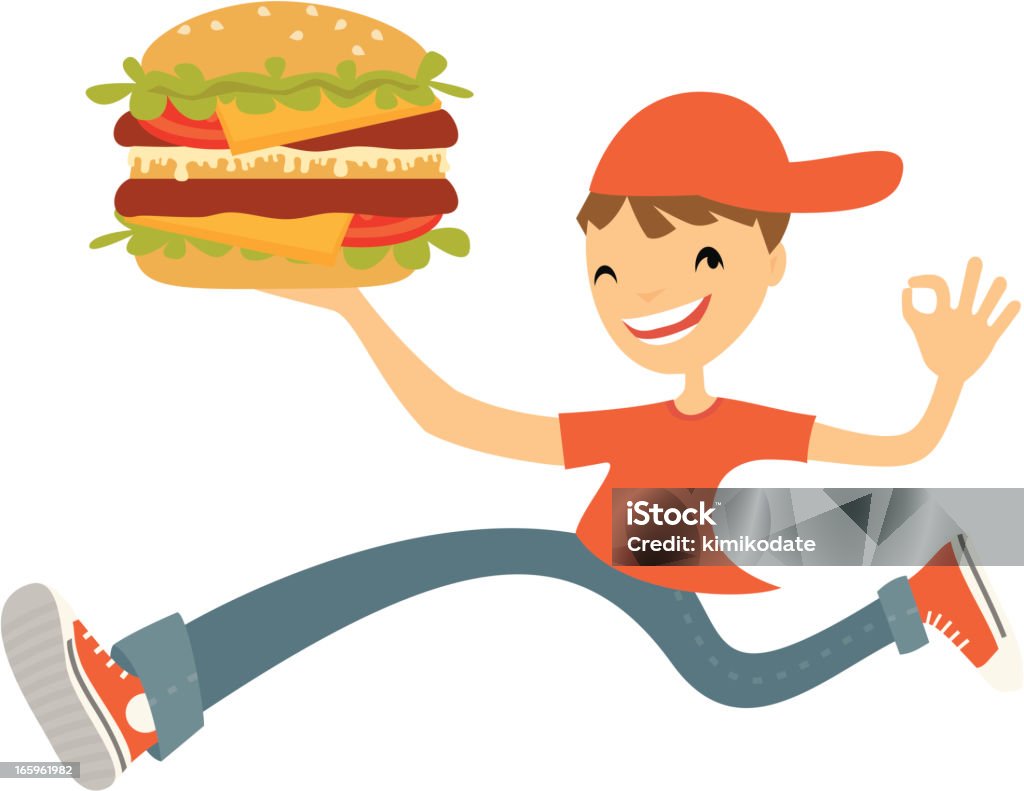 Fast food delivery man Young man delivering a burger Adult stock vector