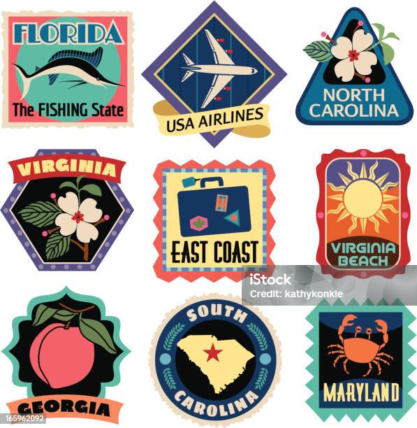 Reiseaufkleben Beachte Ostküste Usa Stock Vektor Art und mehr Bilder von Travel Stickers - Travel Stickers, Reise, USA