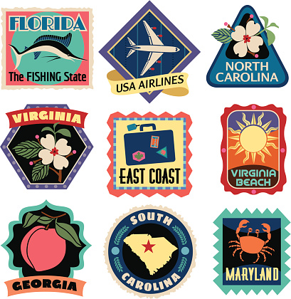 Vector Southeast US Coast States travel stickers.