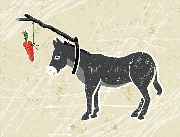 illustrations, cliparts, dessins animés et icônes de âne avec carotte et le bâton - stick dangling a carrot carrot motivation