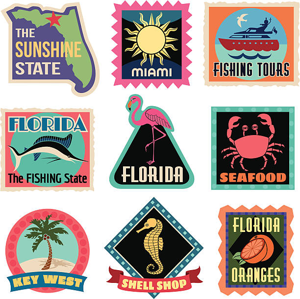 illustrations, cliparts, dessins animés et icônes de autocollants de voyage floride - suitcase travel luggage label