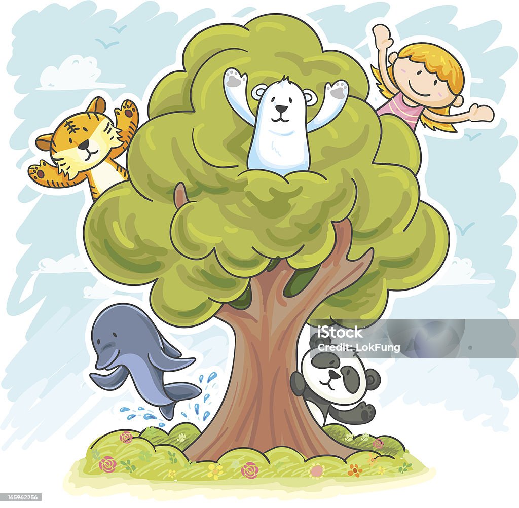 Kids and endangered animals are playing Kids and endangered animals are playing hide and seek in the tree, in colour Child stock vector