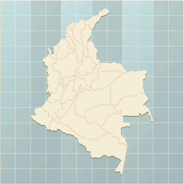 A retro looking map of Colombia on a grid.