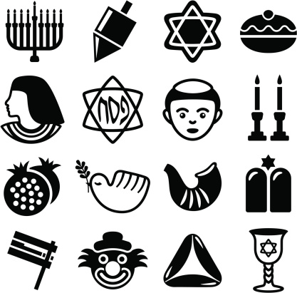 Set of all jewish holidays Icons including: hannukah, passover, rosh Ha Shanah and Purim.