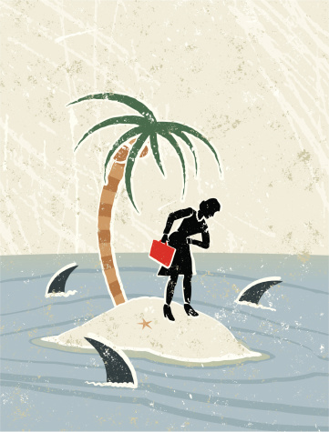 Help Me! A stylized vector cartoon of a business woman on a desert Island with circling sharks, reminiscent of an old screen print poster and suggesting help me, no hope, loneliness, problems,castaway, in trouble or no escape. Island, Tree, sea, woman, sharks, paper texture, and background are on different layers for easy editing. Please note: clipping paths have been used, an eps version is included without the path.