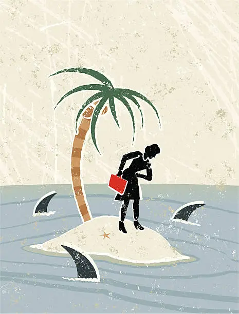 Vector illustration of Businesswoman and Palm Tree on Desert Island, Surrounded by Sharks