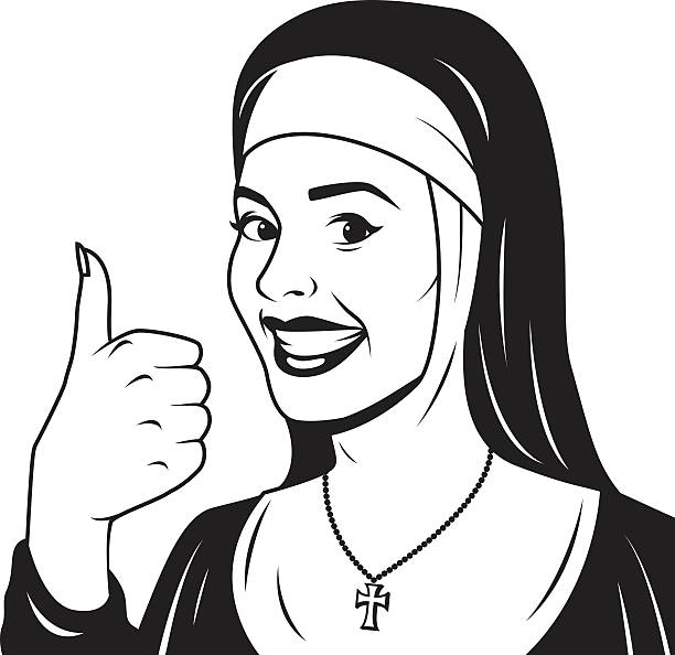 An vintage styled nun giving a thumb's up sign with her hand.