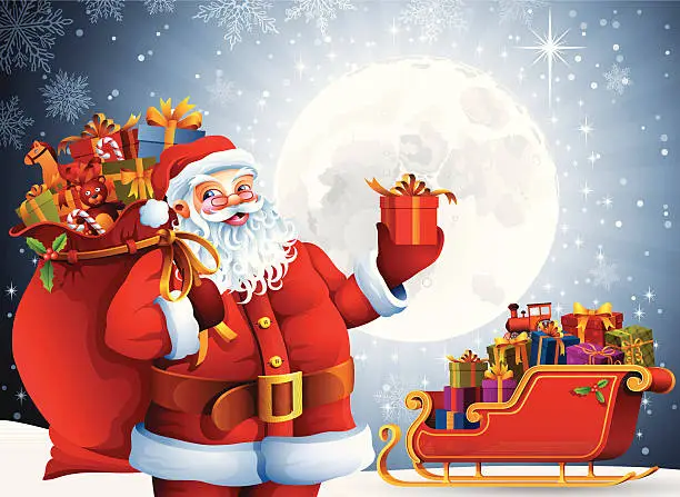 Vector illustration of Santa Claus with bag full of gifts