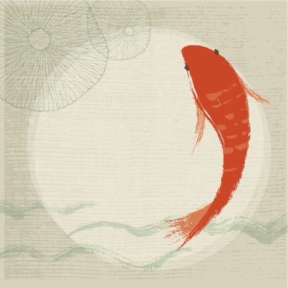 Hand drawn style Koi Fish & Waterlily Background. EPS 10 with transparency effect. Zip contains AI and hi-res jpeg.