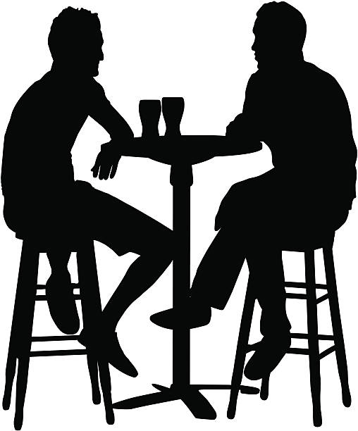Friends Having Drinks Silhouette of two men chatting and having drinks at a bar table, with two glasses on the table. man gay stock illustrations