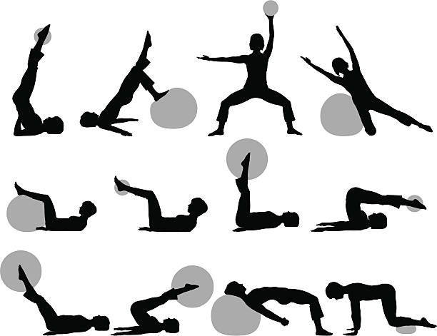 ilustraciones, imágenes clip art, dibujos animados e iconos de stock de fitness siluetas de bola - stretching exercising gym silhouette