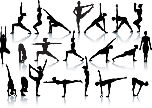 Standing yoga position silhouettes vector art illustration