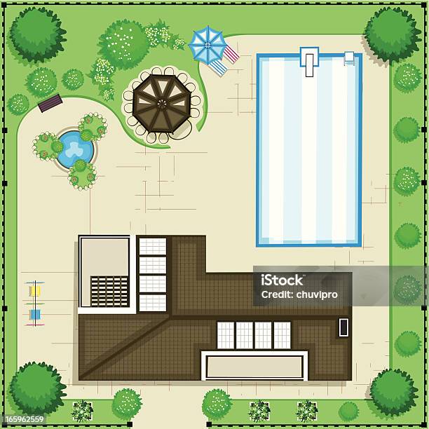 Modern House With Pool And Garden Top View Stock Illustration - Download Image Now - Plan - Document, Planning, Yard - Grounds