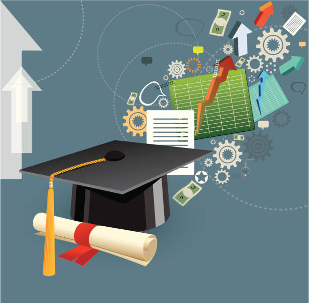 Vector concept of the path after graduation A series of icons, with a rolled-up diploma and a graduation hat and tassel in the foreground. In the background, trailing to the top right from the diploma and hat, are a series of images including white pieces of paper with writing on them, two graphs with arrows pointing upward, dollar bills, machine wheels, stars, snowflakes, arrows apart from the graph with an upward trend, and conversation bubbles. The icons closer to the foreground are larger in size. To the left of this trail of icons are two large arrows pointing upward. pics for graduation free stock illustrations