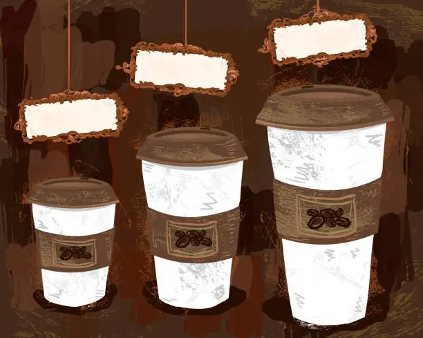 Vector illustration of Coffee cups in small, medium and large sizes