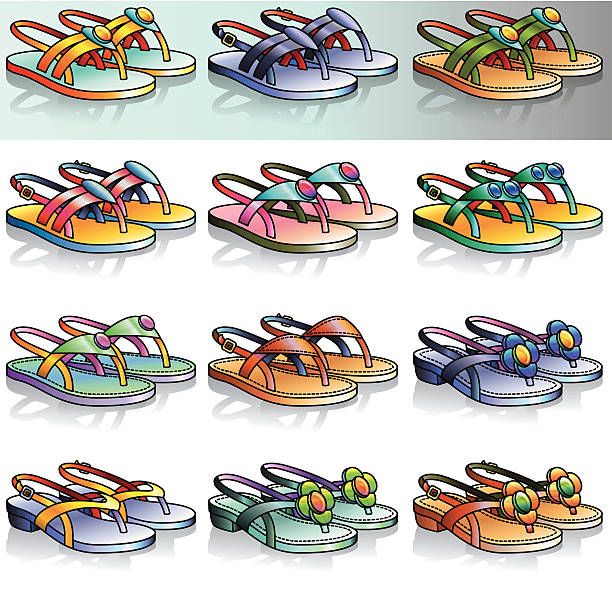 Flat Thong Sandals Icon Set A collection of 12 colourful shoe icons. gladiator shoe stock illustrations