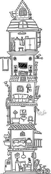 illustrazioni stock, clip art, cartoni animati e icone di tendenza di edifici alti illustrazione in bianco e nero - domestic cat undomesticated cat window house