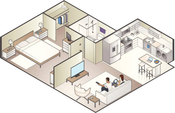 제품의 등각투영 어파트먼트 절단면 - cross section house built structure apartment stock illustrations