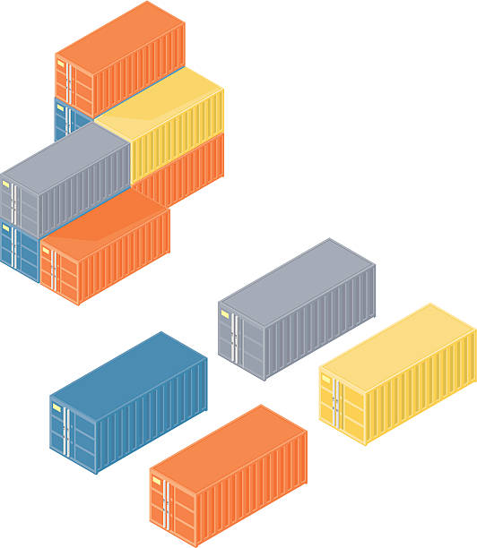 Isometric Containers A vector illustration set of industrial isometric storage containers. cargo container stock illustrations
