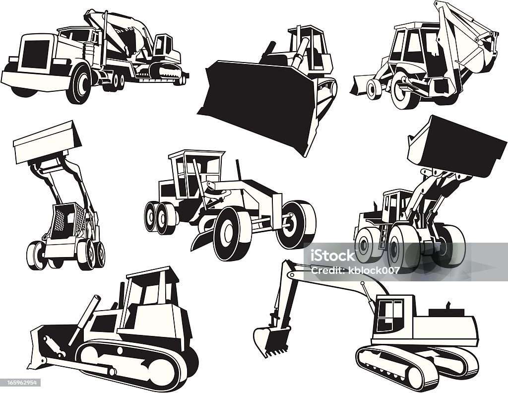 CONSTRUCTION EQUIPMENT A collection of heavy construction equipment illustrations. Backhoe stock vector