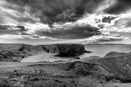 Canary Islands, Lanzarote, Papagayo beach: Papagayo beach in black and white