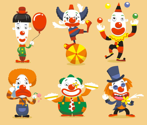 Clown set Set of six clown performing different activities. cartoon joker stock illustrations