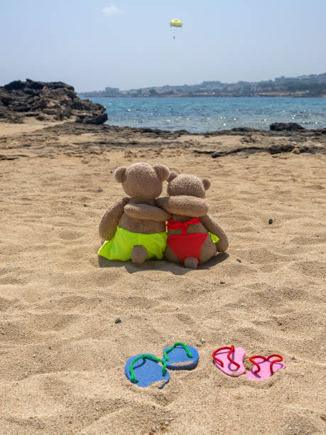 istock Two hugging teddy bears on sea beach 1659633938