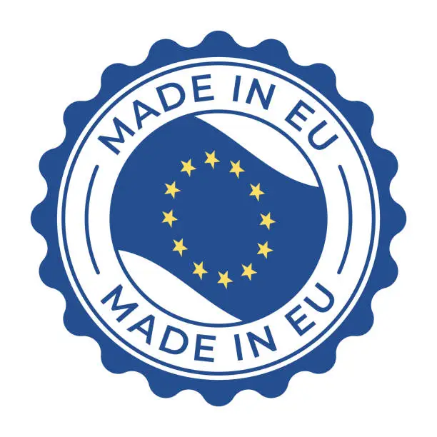 Vector illustration of Made in EU - vector illustration. Label, logo, badge, emblem, stamp collection with flag of European Union and text isolated on white backround