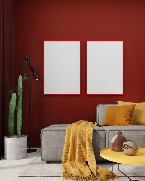 istock Blank picture frame in red wall living room with sofa table and cactuses.3d rendering 1659636760