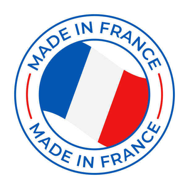 illustrations, cliparts, dessins animés et icônes de made in france - illustration vectorielle. étiquette, logo, badge, emblème, collection de timbres avec drapeau de la france et texte isolé sur fond blanc - fabriqué en france